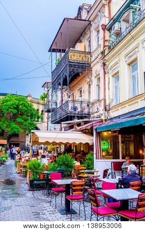 TBILISI GEORGIA - MAY 28 2016: The best way to spend the evening in old town is to visit one of the local cafes on May 28 in Tbilisi.