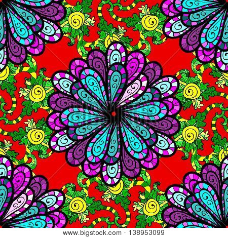 Vector vivid seamless abstract hand drawn pattern with plants.