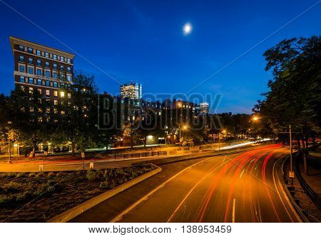 Long Exposure Of Traffic Along Storrow Drive At Night, In Beacon Hill, Boston, Massachusetts.