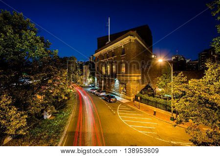 Long Exposure Of Traffic Along Storrow Drive At Night, In Beacon Hill, Boston, Massachusetts.