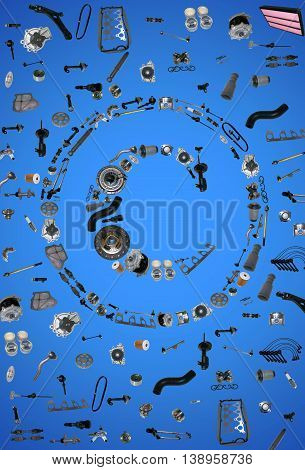 Copyright icone with auto parts for car. Spare parts for car for shop, aftermarket OEM. Many auto parts isolated in copyright icone
