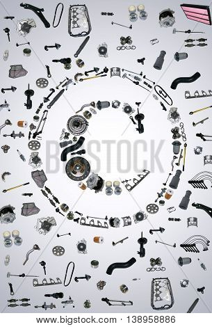 Copyright icone with auto parts for car. Spare parts for car for shop, aftermarket OEM. Many auto parts isolated in copyright icone