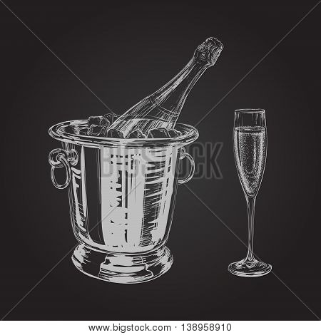 champagne bottle and glass hand drawing vector illustration