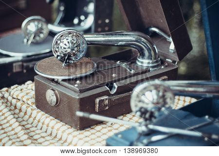 Three gramophone needle without vinyl records on table