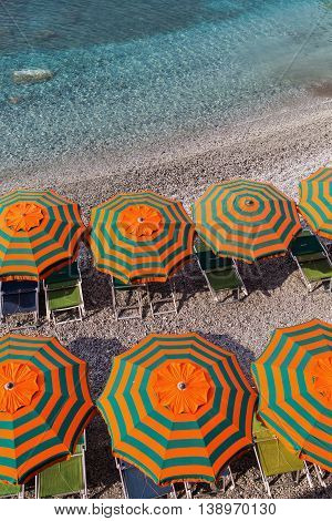 Sunshades At The Beach Of Monterosso, Cinque Terre, Italy