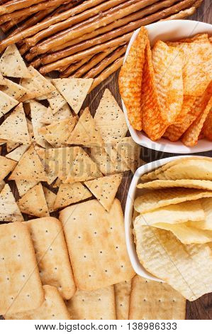 Heap Of Salted Crisps, Breadsticks And Cookies, Concept Of Unhealthy Food