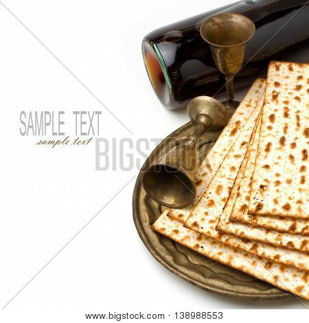 Matza and wine for passover seder celebration on white background