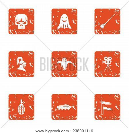 Terrible Movie Icons Set. Grunge Set Of 9 Terrible Movie Vector Icons For Web Isolated On White Back
