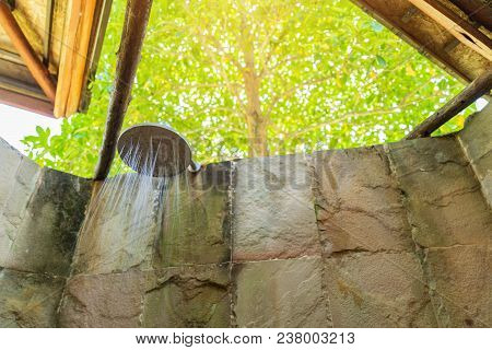Luxury Bathroom With Shower Outdoors On Tree Background, Sunny Light Effect, Interior Ventage Concep