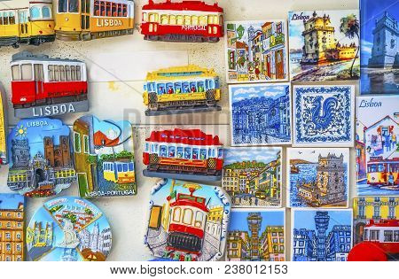 Lisbon, Portugal -  September 12, 2017 Colorful Ceramic Tiles Magnets Souvenirs Handicrafts Lisbon P