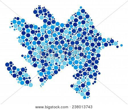 Azerbaijan Map Collage Of Dots In Various Sizes And Blue Color Tinges. Random Filled Circles Are Com