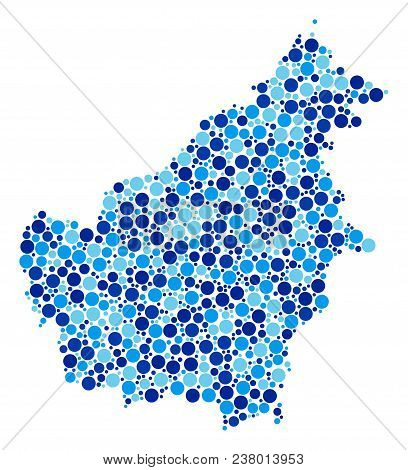 Borneo Island Map Collage Of Circle Elements In Different Sizes And Blue Color Tinges. Scattered Sph