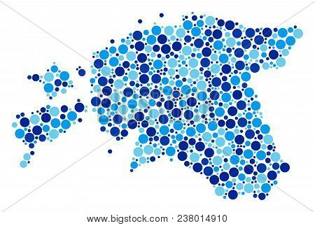 Estonia Map Composition Of Round Dots In Various Sizes And Blue Color Hues. Randomized Dots Are Grou