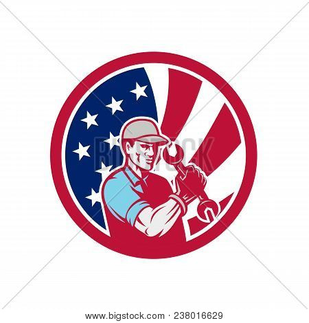 Icon Retro Style Illustration Of An American Auto Mechanic Or Industrial Maintenance Mechanic Holdin