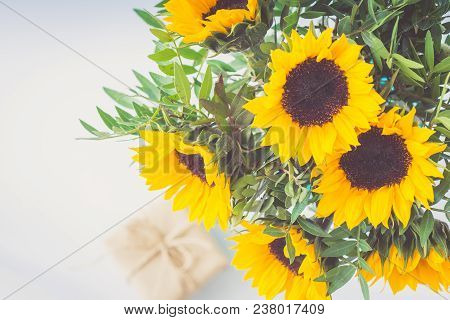 Bouquet Of Bright Sunflowers With Gift Box. Retro Toned.