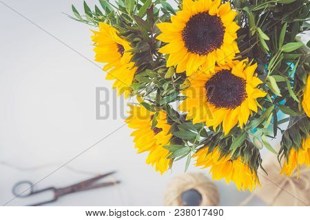 Bouquet Of Bright Sunflowers With Gift Box. Retro Toned.