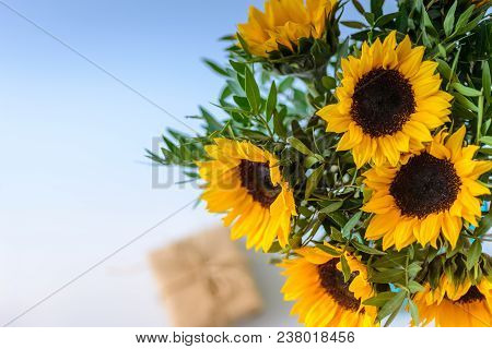 Bouquet Of Bright Sunflowers With Gift Box.