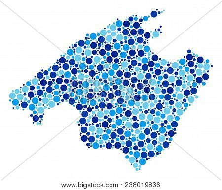 Spain Mallorca Island Map Collage Of Small Circles In Various Sizes And Blue Color Tints. Randomized