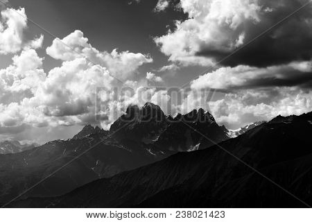 Black And White View On Summer Mounts Ushba And Chatyn In Cloud At Evening. Caucasus Mountains, Geor