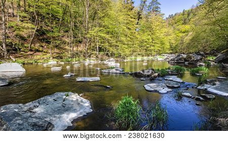 Stony River In Spring Forest Under Blue Sky. Oslava River, Czech Republic, Europe