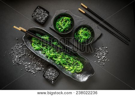 Traditional Japanese Chuka Seaweed Salad On Black Background