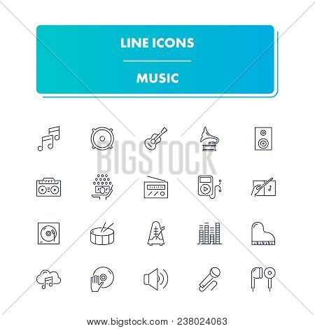 Line Icons Set. Music Pack. Vector Illustration With Musical Instruments, Tools And Devices