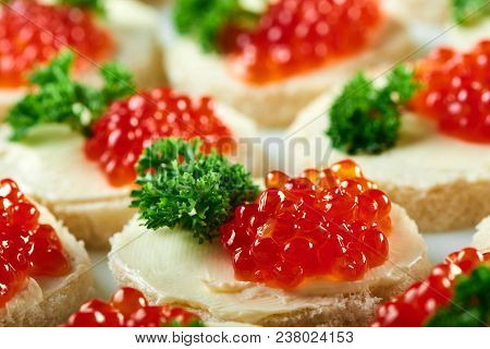 Tasty Restaurant Apetizer With Red Caviar And Parsley. Good For Buffet, Catering And Other Meals Wit
