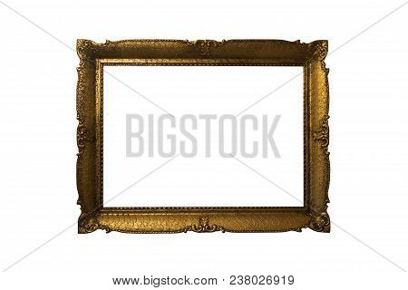 Golden Ornate Picture Frame Isolated On White Background. Antique And Vintage Objects