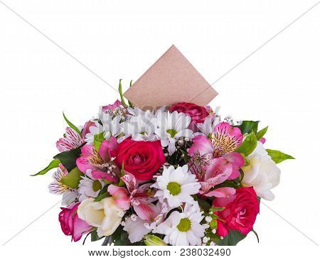 Bouquet Of Flowers With A Greeting Card. Place To Place Your Text.