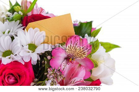 Bouquet Of Flowers With A Greeting Card. Place To Place Your Text.