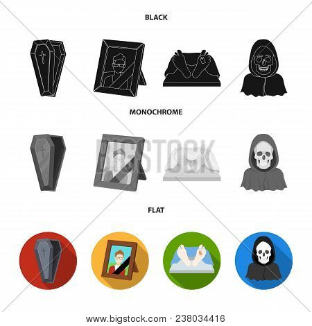 Coffin With A Lid And A Cross, A Photograph Of The Deceased With A Mourning Ribbon, A Corpse On The 