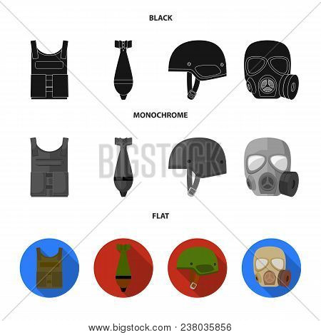 Bullet-proof Vest, Mine, Helmet, Gas Mask. Military And Army Set Collection Icons In Black, Flat, Mo