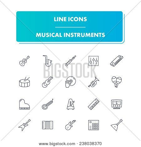 Line Icons Set. Musical Instrumental Pack. Vector Illustration For Musical Store And Shop.