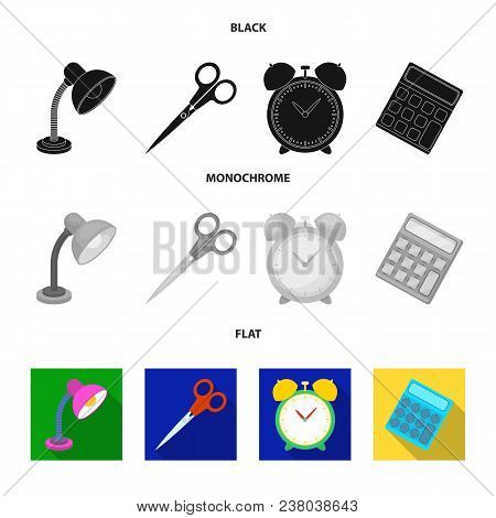 Table Lamp, Scissors, Alarm Clock, Calculator. School And Education Set Collection Icons In Black, F