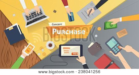 Online Shopping, Desktop With Computer, Credit Cards, Ad Hands. Concept Purchase Product Vector Mode