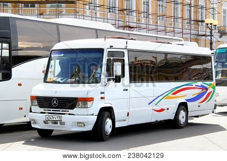 Saint Petersburg, Russia - May 25, 2013: White City Sightseeing Coach Bus Mercedes-benz 814d Vario I