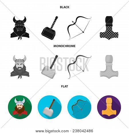 Viking In Helmet With Horns, Mace, Bow With Arrow, Treasure. Vikings Set Collection Icons In Black, 