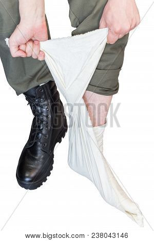 Wearing Foot Wraps With Military Black Boots And Army Khaki Pants