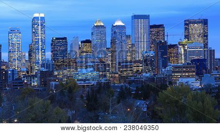 The Calgary, Canada Skyline Seen After Dark