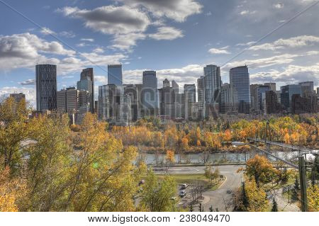 The Calgary, Alberta Skyline With Autumn Foliage