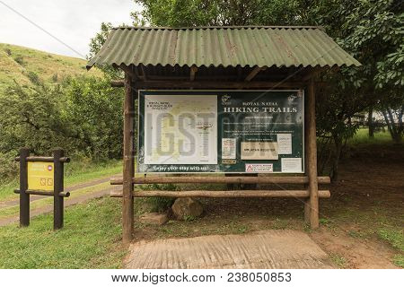Royal Natal National Park, South Africa - March 14, 2018: A Map Of Hiking Trails And A Mountain Regi