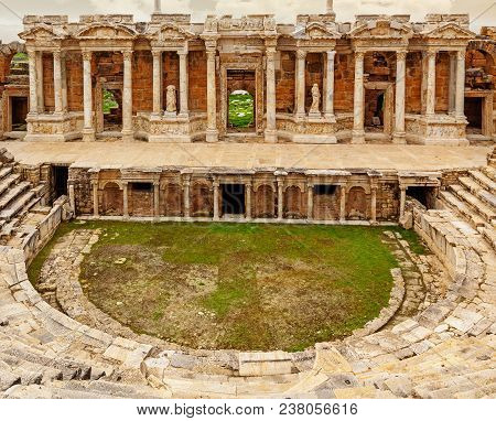 Ruins Of Ancient Greco-roman Theater In Ancient City Hierapolis Near Pamukkale, Turkey