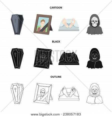 Coffin With A Lid And A Cross, A Photograph Of The Deceased With A Mourning Ribbon, A Corpse On The 