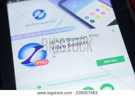 Ryazan, Russia - April 19, 2018 - Apus Browser Pro - Video Booster Mobile App On The Display Of Tabl