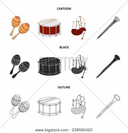 Maracas, Drum, Scottish Bagpipes, Clarinet. Musical Instruments Set Collection Icons In Cartoon, Bla