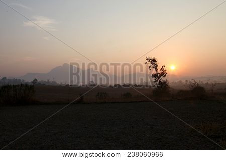 Foggy Mountain Valley At Sunrise In The Village In Nasik, Maharashtra, India