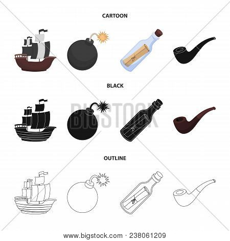Pirate, Bandit, Ship, Sail .pirates Set Collection Icons In Cartoon, Black, Outline Style Vector Sym