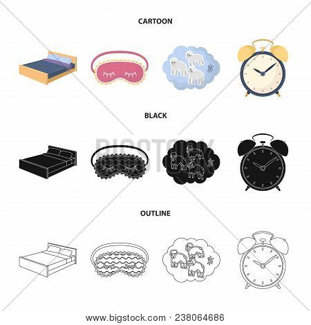 A Bed, A Blindfold, Counting Rams, An Alarm Clock. Rest And Sleep Set Collection Icons In Cartoon, B