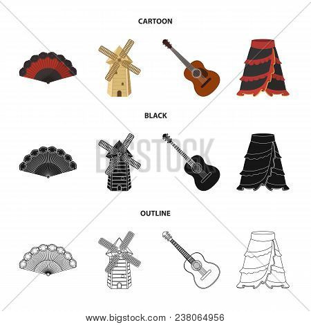 Fan Spanish, Mill, Guitar, Skirt For National Spanish Dances. Spain Country Set Collection Icons In 