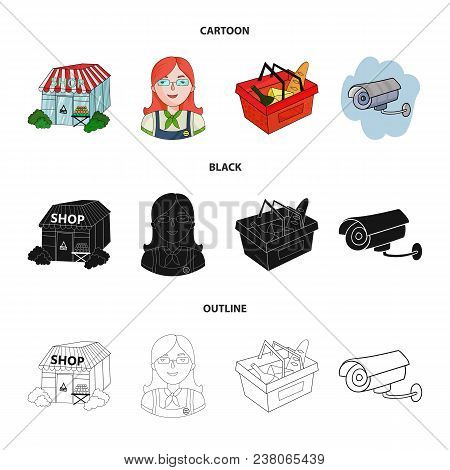 Salesman, Woman, Basket, Plastic .supermarket Set Collection Icons In Cartoon, Black, Outline Style 